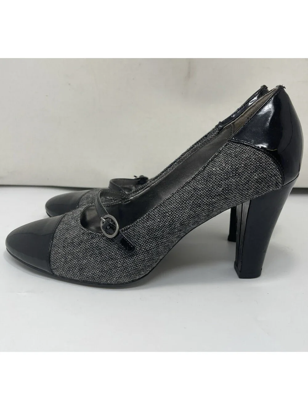 Anne Klein Mary Jane Heel Women's 7.5 SWEET PEA Black Fabric Patent Pump 3.5